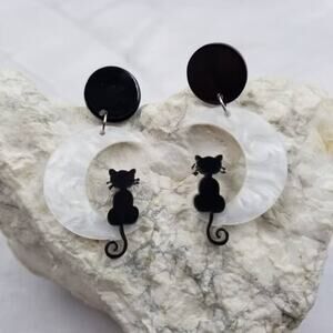 Black Cat on Moon Acrylic Dangle Earrings